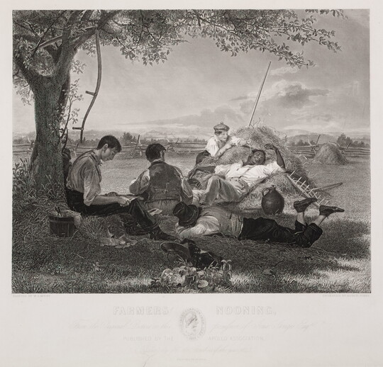 A black-and-white print of farm workers taking a rest under a shady tree and in a nearby haystack.
