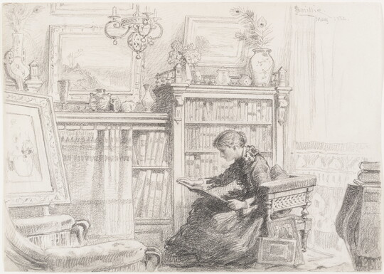 A graphite drawing of a young woman seated in a home library reading a book.