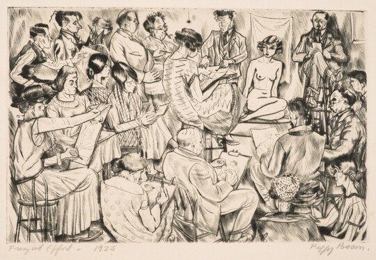 A black-and-white print illustration of men and women crowded into a room to draw a live nude female model.