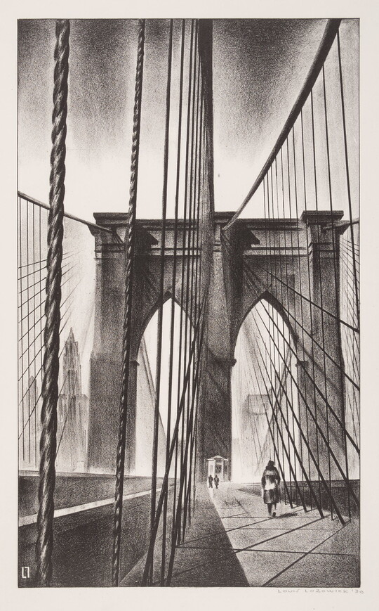 A vertical black-and-white print of a suspension bridge, showing the tower and cables, and a person walking along its pathway.