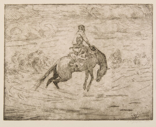 A black-and-white print of a man holding a cowboy hat while riding a bucking horse in a field.