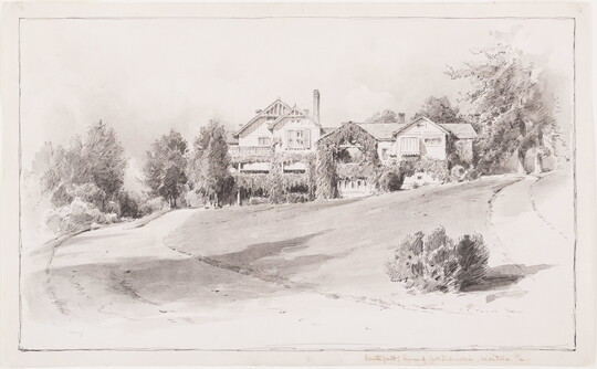 An ink drawing of a Tudor-style home, partially covered in vines, and the rural landscape surrounding it.