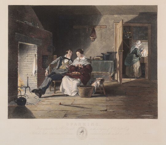 A color print of a White man and woman sitting by a fireplace, the woman peeling apples; another woman washing dishes in the background.