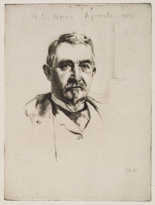 A black-and-white print portrait of an older White man, from the shoulders up, with a goatee.
