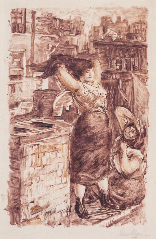 A sepia-toned sketch-like print of two women, one standing, one crouching, on the roof of a city apartment building. 