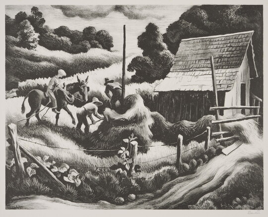 A black-and-white print of three men, one on horseback and two with pitchforks, next to a haystack and an old barn.