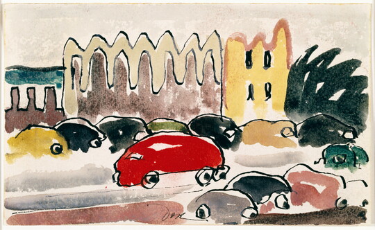 A cartoon-like drawing of cars in a variety of colors, some parked and others driving, on a city street lined with tall buildings.