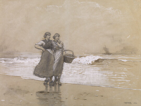 A drawing of two women, arms wrapped across each other, walking along a beach as white surf rolls in toward them.