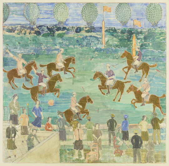 A watercolor painting of people on horseback playing polo on a green field as spectators watch.