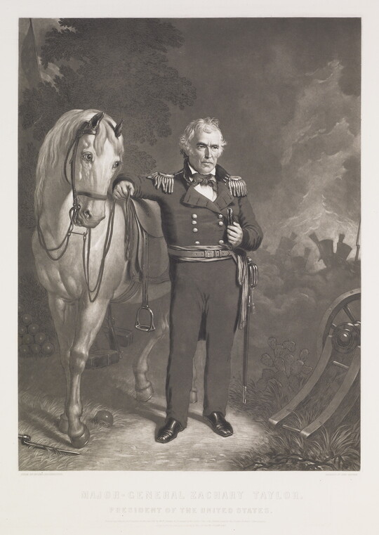 A black-and-white print of an older White man in military uniform standing next to his horse.