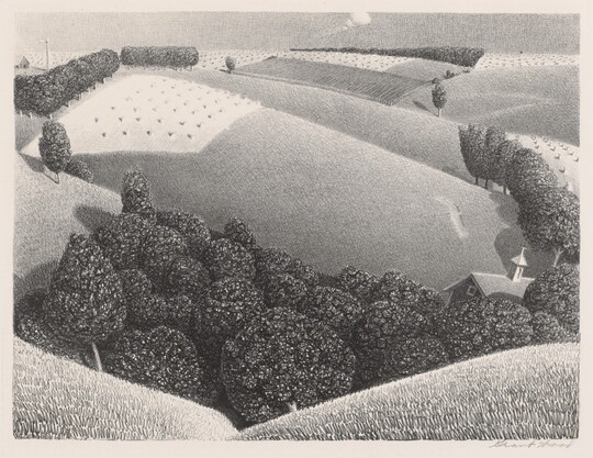 A black-and-white print of rolling farm fields with budding crops, stylized trees, and a building tucked behind the hills in the foreground.