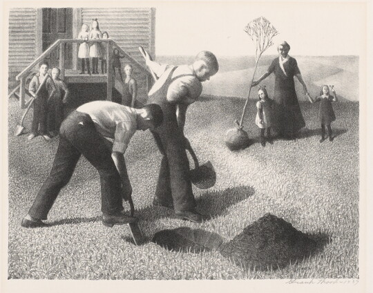 A stylized print of two boys digging a hole to plant a tree as other children and a woman, who is holding the tree, watch.