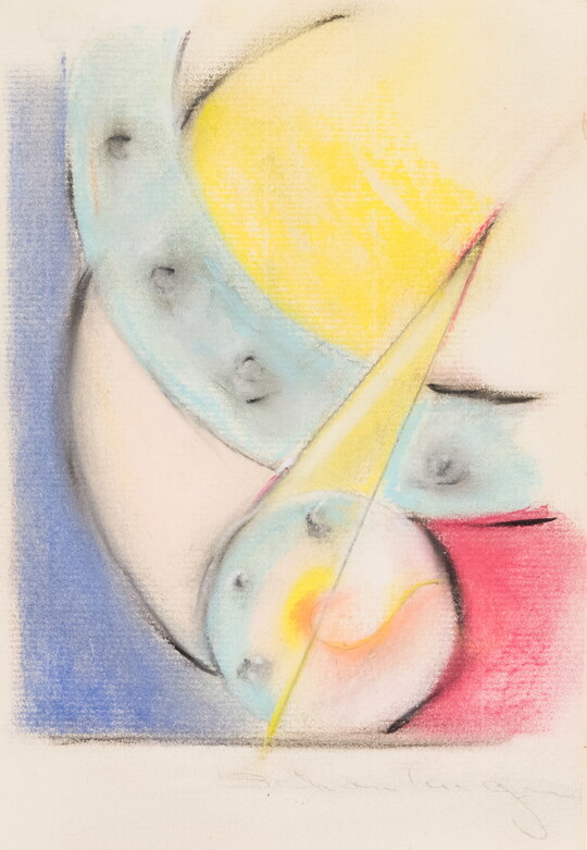 An abstract drawing in blue, light blue, red, and yellow with sketched curves, triangles, and circles.