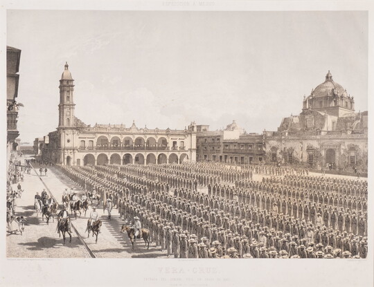 A sepia-toned print of rows of soldiers standing at attention in a large plaza as officials on horseback ride by them.
