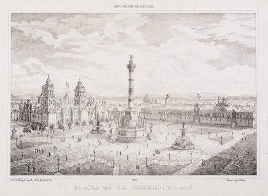 A black-and-white print of a plaza with a large column surrounded by several fountains, a cathedral, and other buildings, and pedestrians milling about.