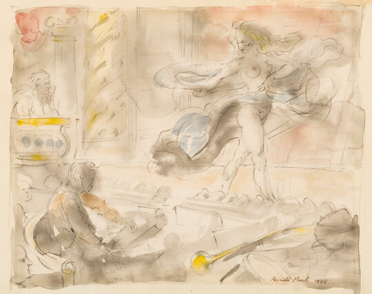 A drawing of a nude White woman on a stage with ribbon-like scarves flowing over her arms and torso as men in the audience watch.