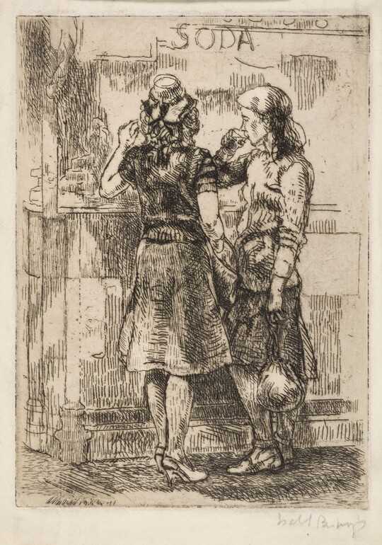 A black-and-white print of two nicely-dressed women standing at a counter enjoying drinks.
