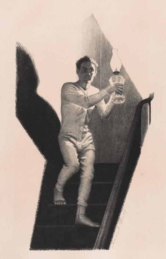 A black-and-white print of a White man wearing full body pajamas walking down stairs holding an oil lamp in both hands.