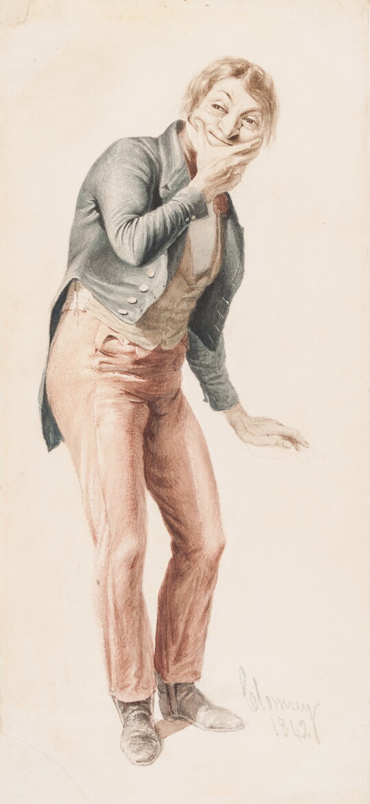 A watercolor portrait of a standing White man with wavy hair, hand resting on chin, wearing a waist coat, vest, and pants.