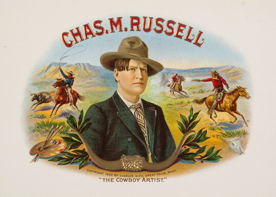 A color print portrait of Charles Russell, "The Cowboy Artist," surrounded by imagery of cowboys and Native American riders.