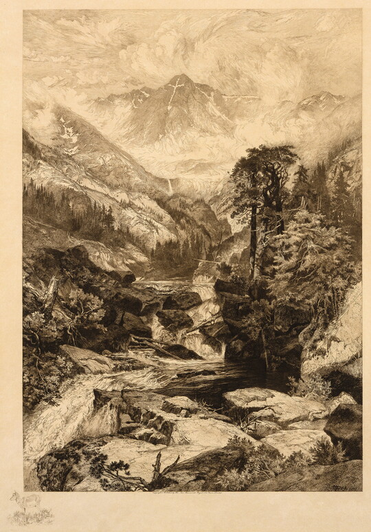 A black-and-white print of a mountain landscape with rocks, woods, and a rushing stream in the foreground.