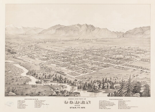 A black-and-white print of a bird's eye view of a town and its grid of streets next to a winding river.