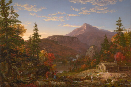 A landscape oil painting of a log cabin surrounded by autumnal mountains with men returning to their family after a successful hunt.