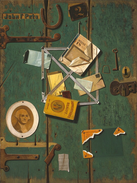 A realistic oil painting of a wood door with vertical slats and peeling green paint that has numerous papers, keys, and images tacked onto it.