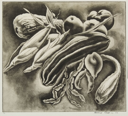 A black-and-white print of corn, squash, beans, and tomatoes on a gray background.