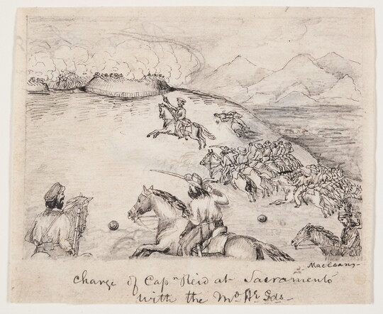A black-and-white drawing of a group of soldiers, many holding swords, riding into battle on horseback.