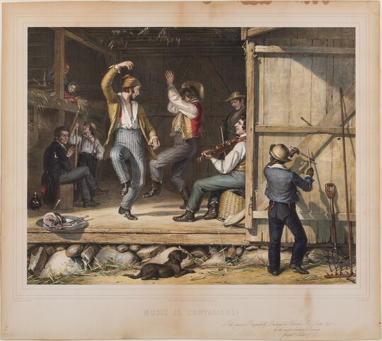 A color print of White men dancing and playing musical instruments in a barn while women and children watch and a Black laborer participates from outside.