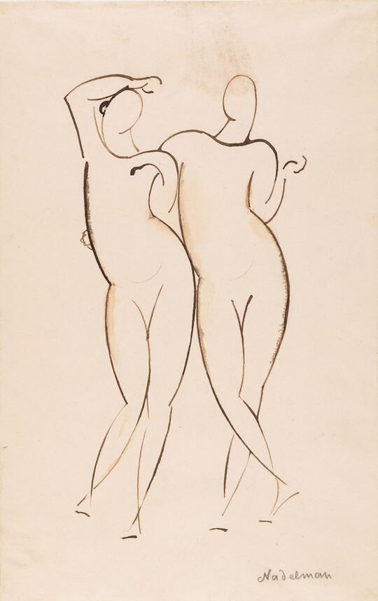 A black-and-white line drawing of two nude figures standing with their arms entwined.