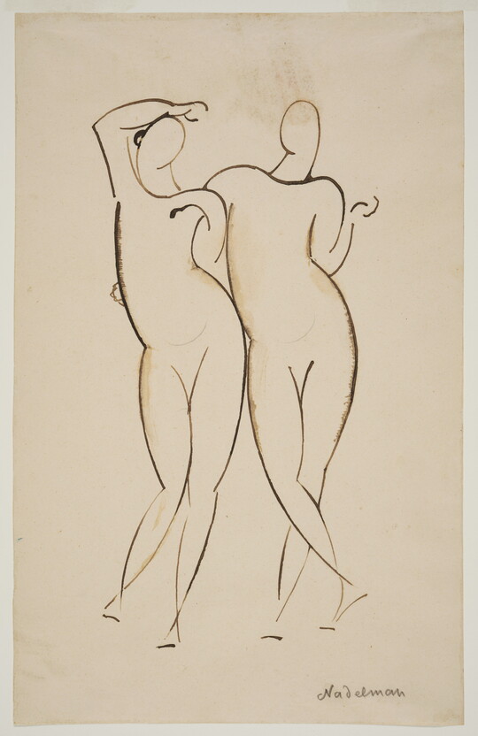 A black-and-white line drawing of two nude figures standing with their arms entwined.