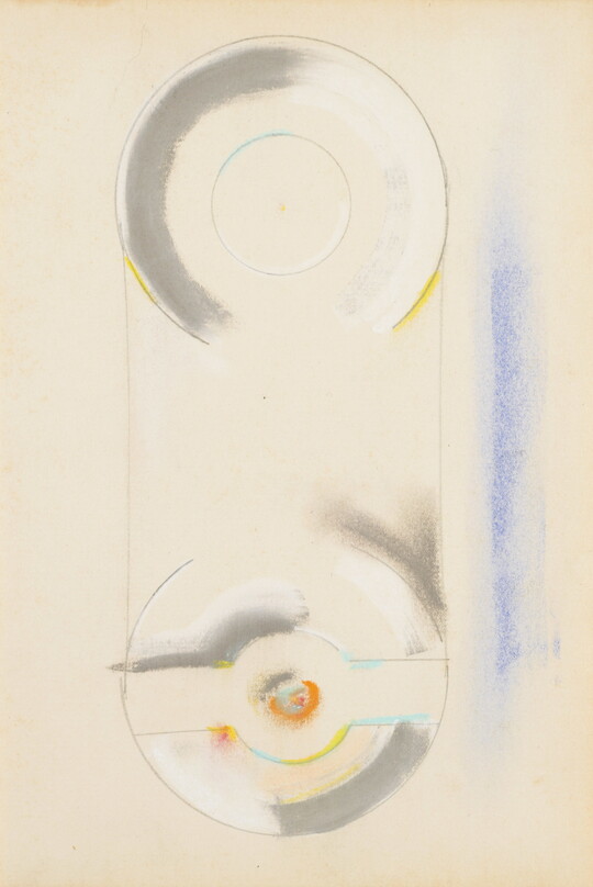 An abstract drawing of two vertically oriented gray and white plate-like shapes with yellow accents and a swath of blue to the right.