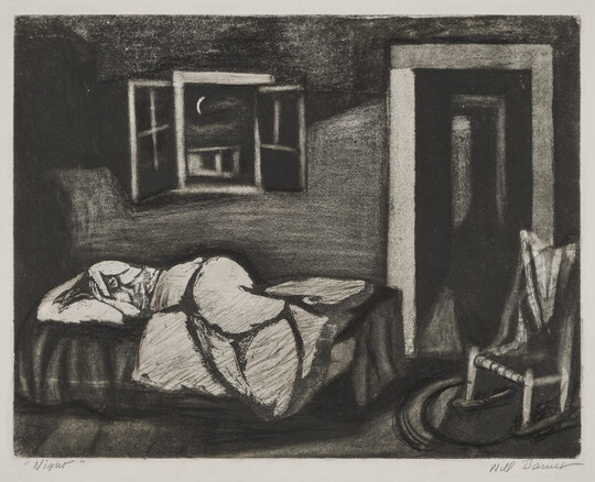 A black-and-white print of a white figure sleeping in a bed beneath an open window revealing a crescent moon. 