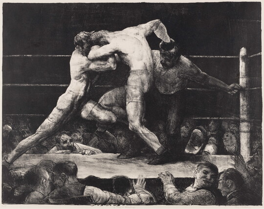 A black-and-white print of two men boxing next to a referee inside a ring as spectators watch.