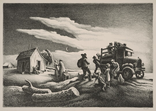 A stylized black-and-white print of a family loading its belongings onto a truck.