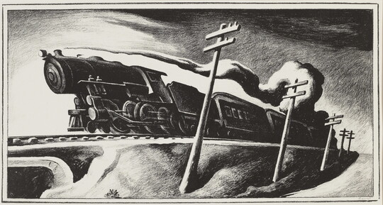 A black-and-white print of a train speeding down the tracks past electrical poles.