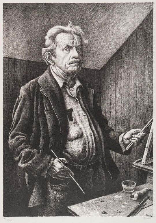 A black-and-white print of an elderly White man with a moustache, wearing a button-down shirt and jacket over a pot-belly, standing at a worktable holding paintbrushes in his hands.