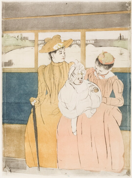 A color print of two White women and a baby seated inside a streetcar.