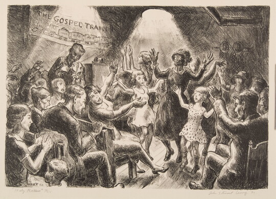 A black-and-white print of people seated at a religious service, several dancing in the center, and musicians playing music.