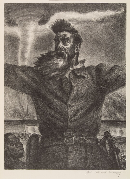 A black-and-white print of a White man with a beard yelling and standing with his arms extended in front of  a tornado as a Black man looks up at him.