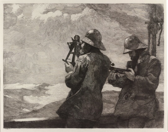 A black-and-white print of two men on the deck of a boat using navigational instruments during what looks like a storm.