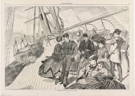 A black-and-white print of a group of formally dressed White men and women standing on the deck of a ship.