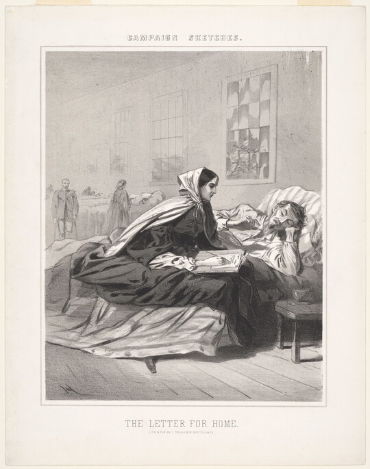 A black-and-white print of a sick White man lying in a hospital bed and a White woman in a hooded-cloak and dark colored dress by his side writing on paper.