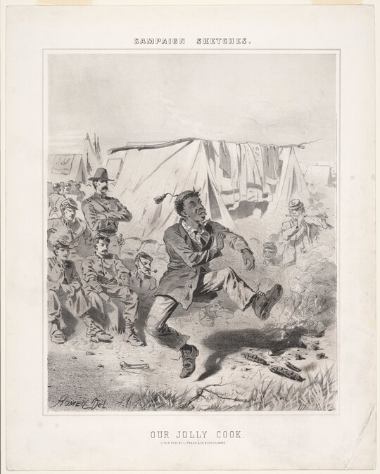 A black-and-white print of a Black man dancing in front of White soldiers at a campsite.