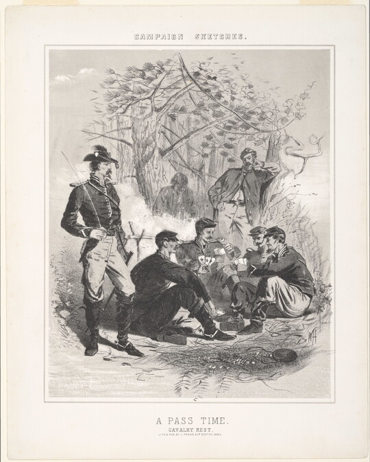 A black-and-white print of a group of White men, some in military uniforms, sitting in a circle playing cards as several others watch.