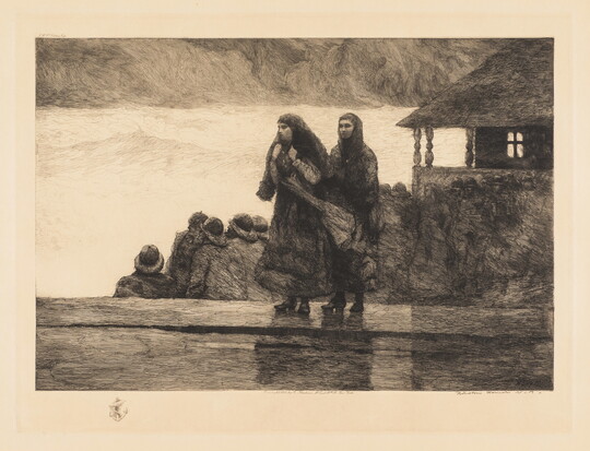 A black-and-white print of two women, hair covered with scarves, standing outside of a low building as a group of men behind them watch the sea.