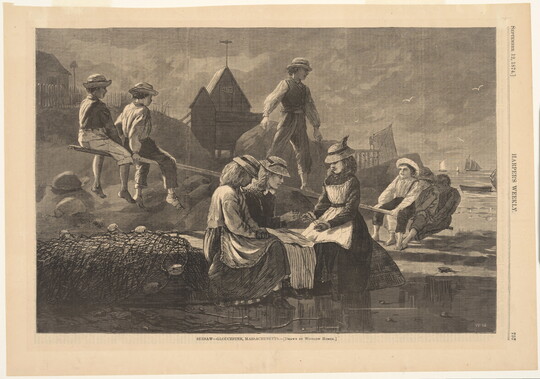 A black-and-white print of children balancing on a see-saw on a rocky beach as three women sit nearby on an overturned boat.