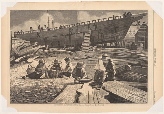 A black-and-white print of a group of boys sitting on the ground watching a large group of people build a ship.